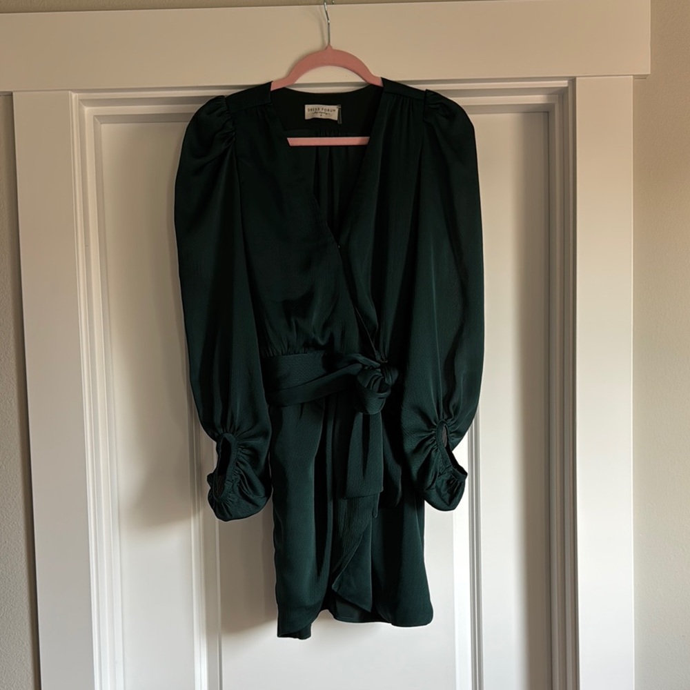 Dress Forum Emerald Green Pin Dot Satin Long Sleeve Wrap Mini Small - Picture 2 of 6